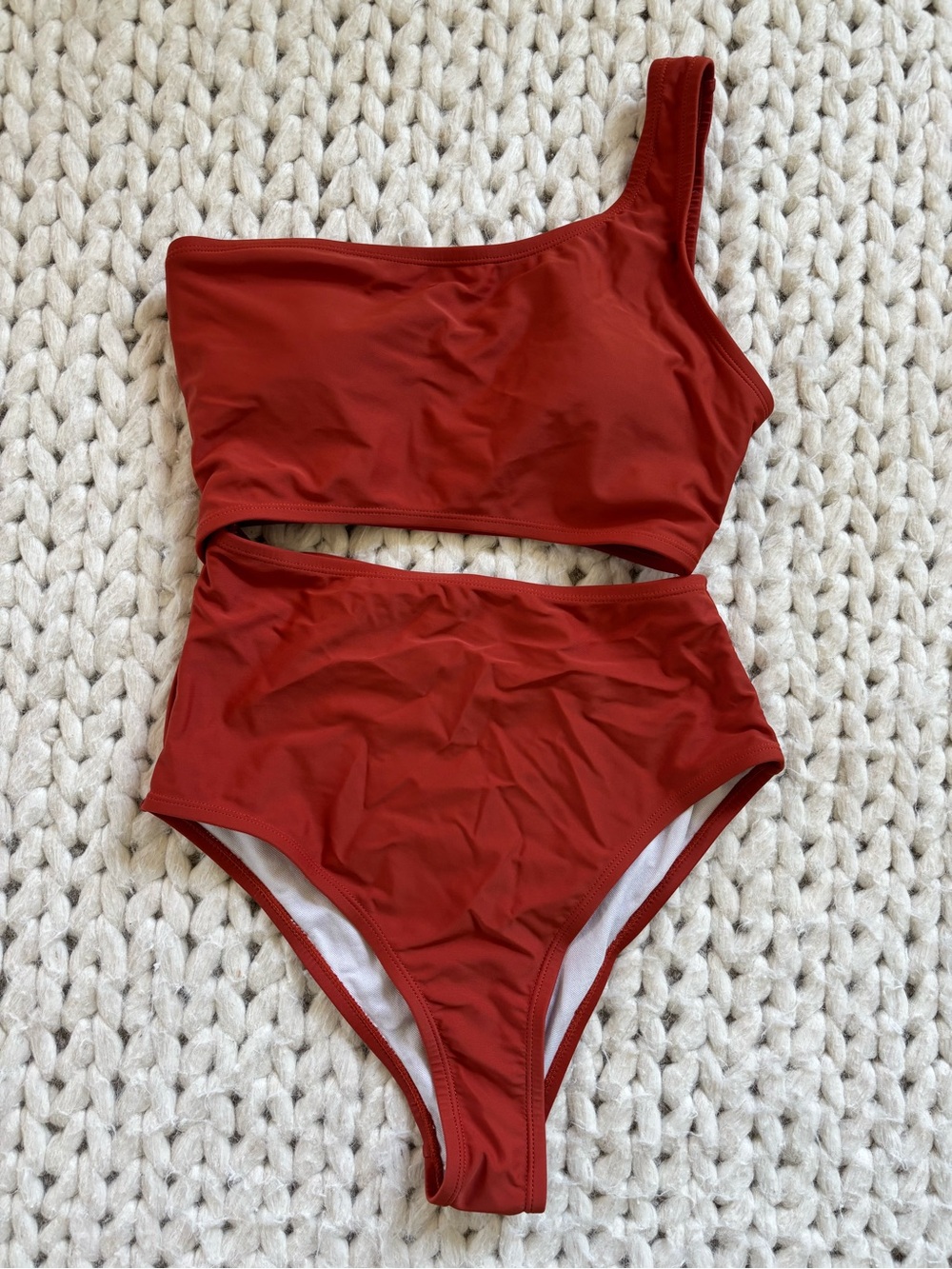 One-Shoulder Cutout High-Waist Bikini - Red